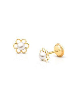 Girls' 14K Gold Petals and Pearls Stud Earrings - Baby by TINY BLESSINGS