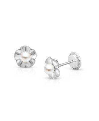 Girls' 14K Gold Ruffled Petals with Cultured Pearl Studs Screw Back Earrings - Children by TINY BLESSINGS