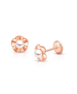 Girls' 14K Gold Ruffled Petals with Cultured Pearl Studs Screw Back Earrings - Children by TINY BLESSINGS