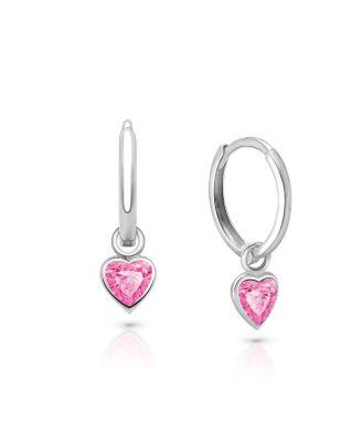 Girls' Sterling Silver Pink Heart Drop Classic Huggie Hoop Earrings - Baby by TINY BLESSINGS