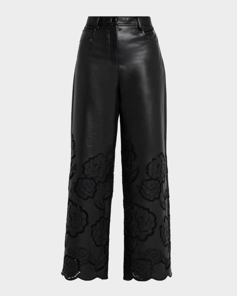 Shawn Embroidered Faux Leather Pants by TOCCIN