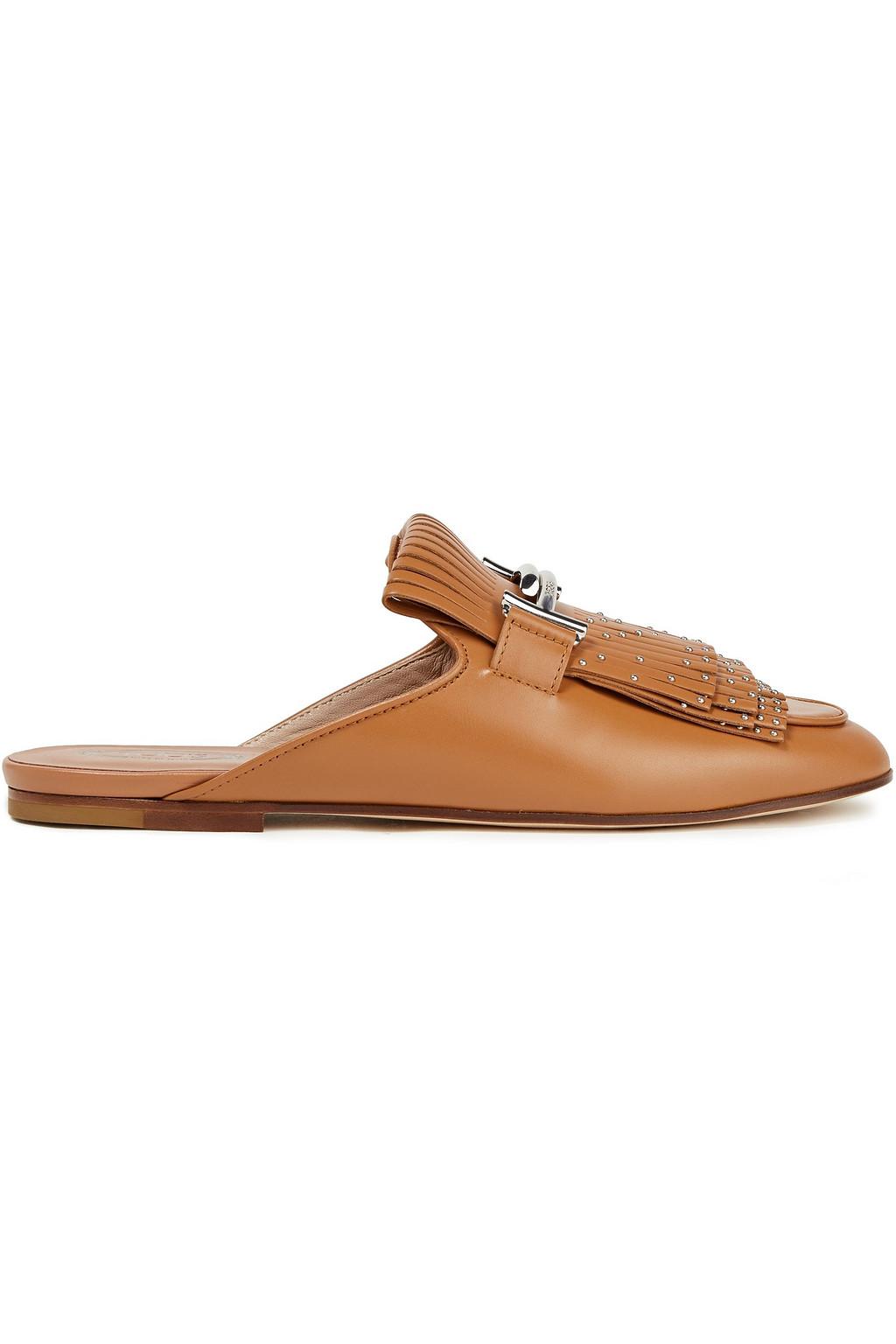 Double T fringed leather slippers by TODS