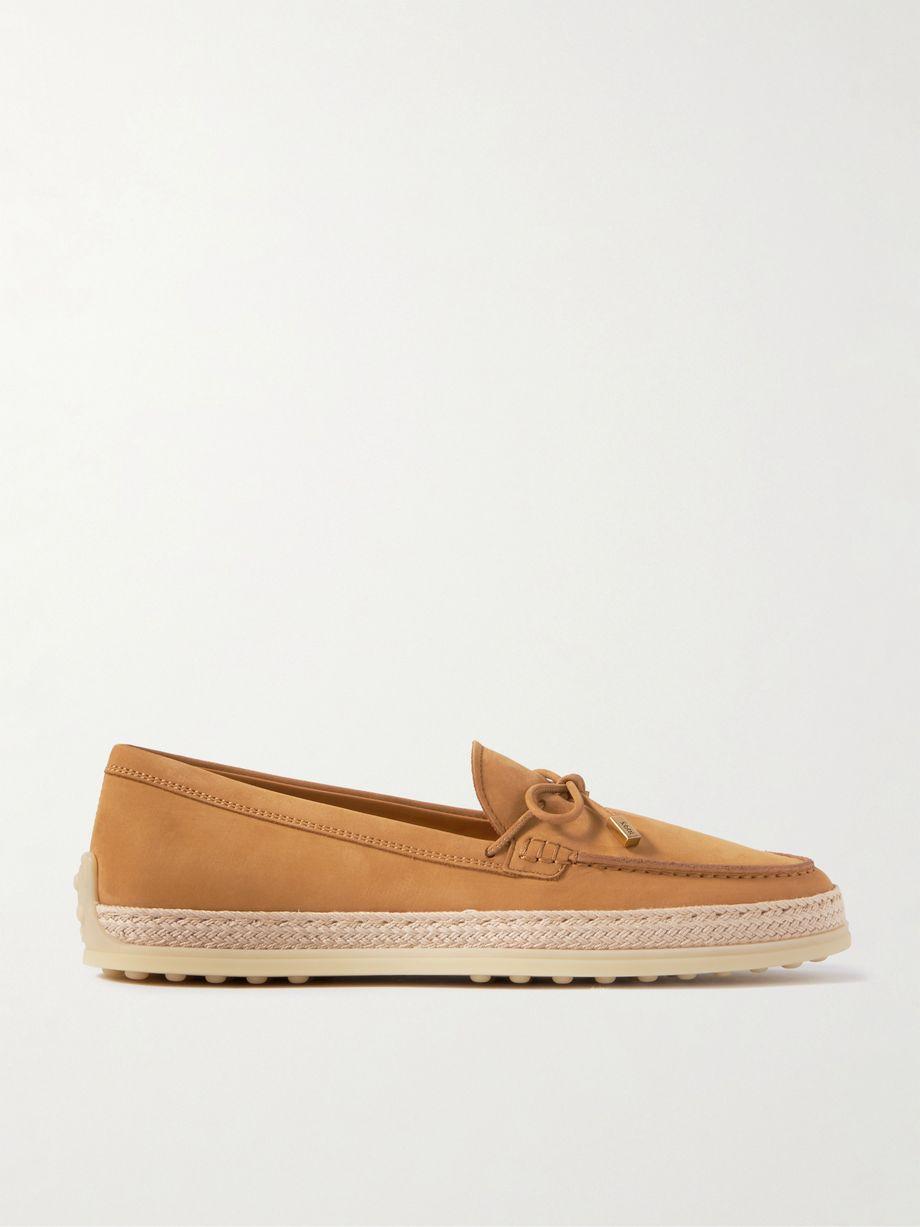 Gomma raffia-trimmed bow-detailed suede loafers by TODS