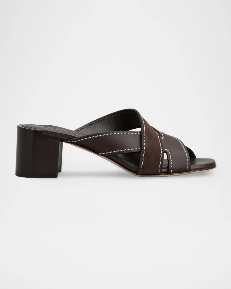 Mixed Leather Block-Heel Sandals by TODS