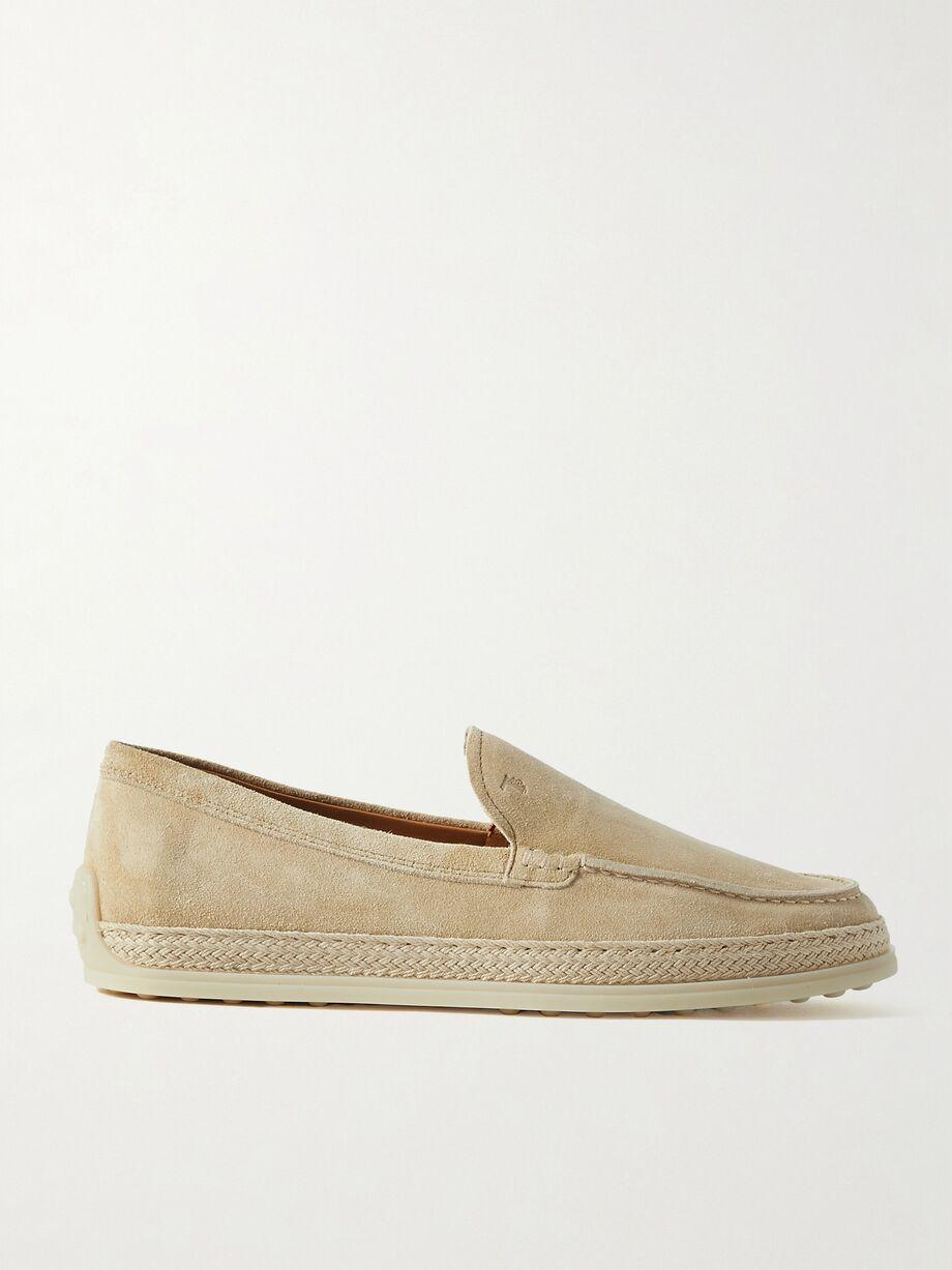 Raffia-trimmed suede loafers by TODS