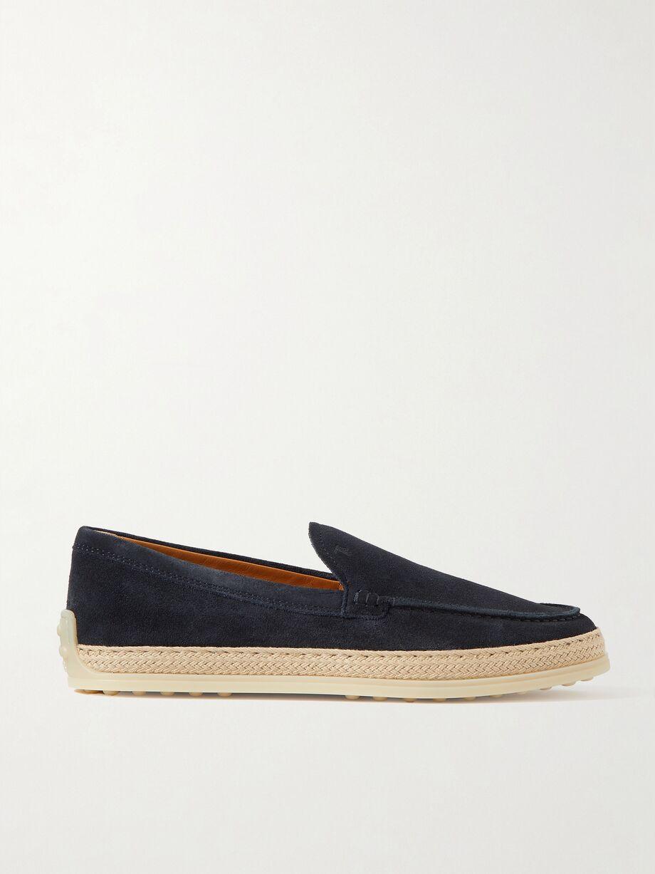 Raffia-trimmed suede loafers by TODS