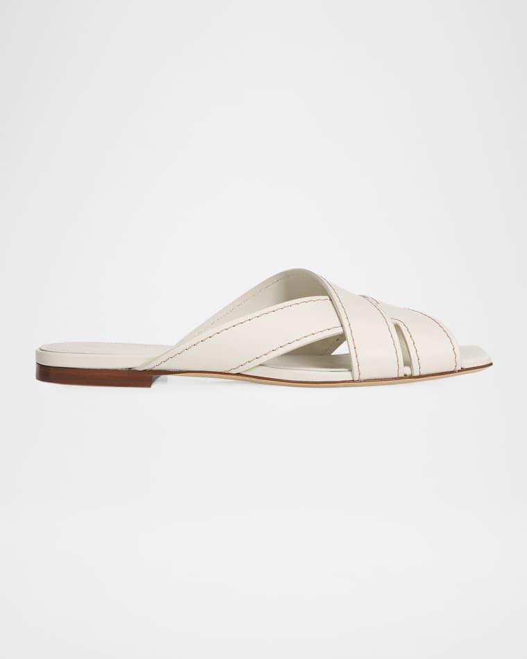 T-Strap Leather Flat Slide Sandals by TODS
