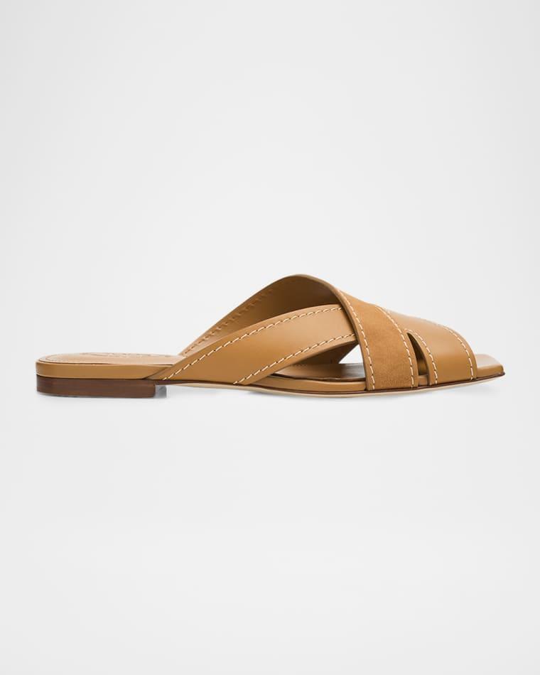 T-Strap Mixed Leather Flat Slide Sandals by TODS