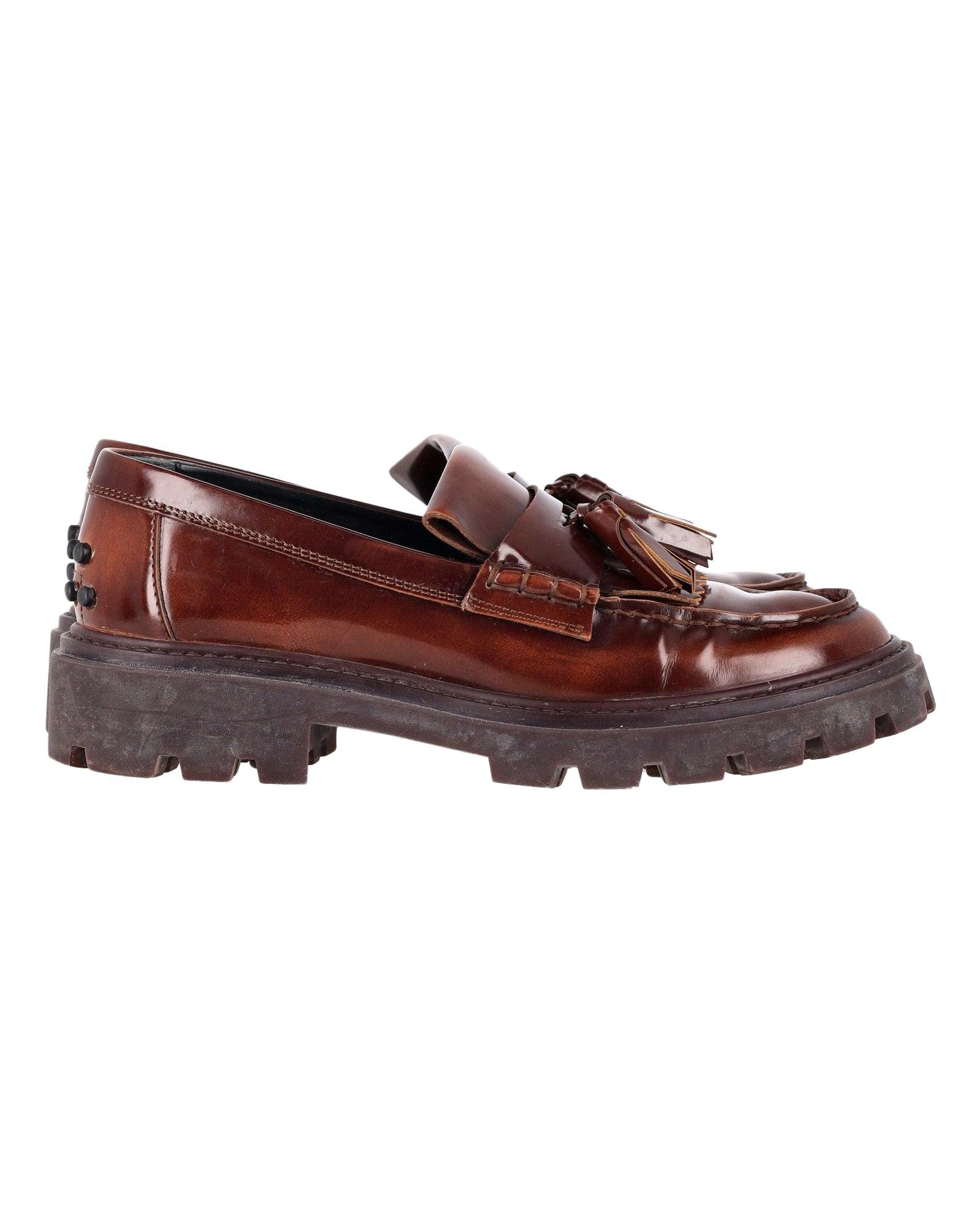 Tod's Joey Chunky Sole Tassel Loafers in Brown Leather by TODS