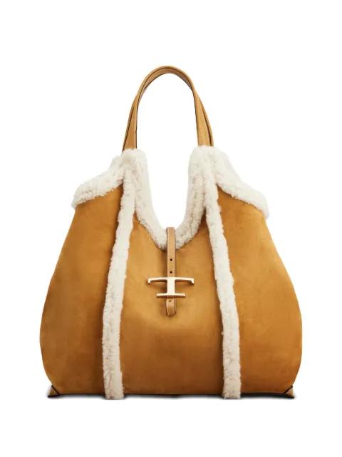 shearling-trimmed T-buckle shoulder bag by TODS