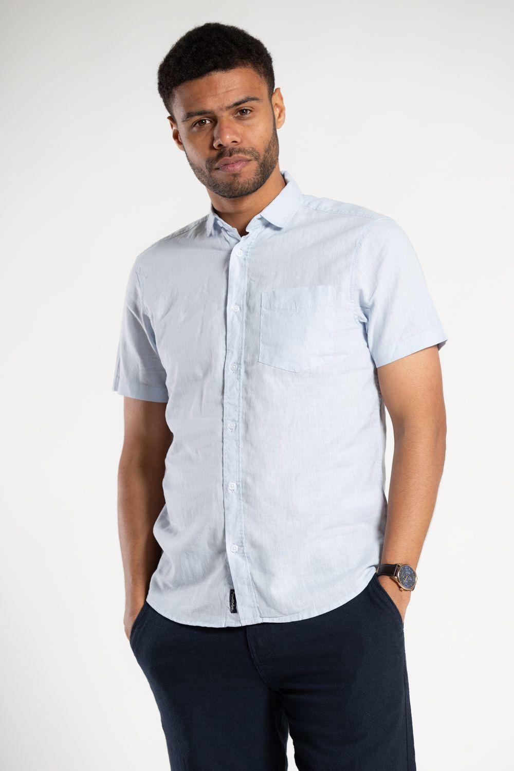 Linen Blend Short Sleeve Button-Up Shirt with Chest Pocket by TOKYO LAUNDRY