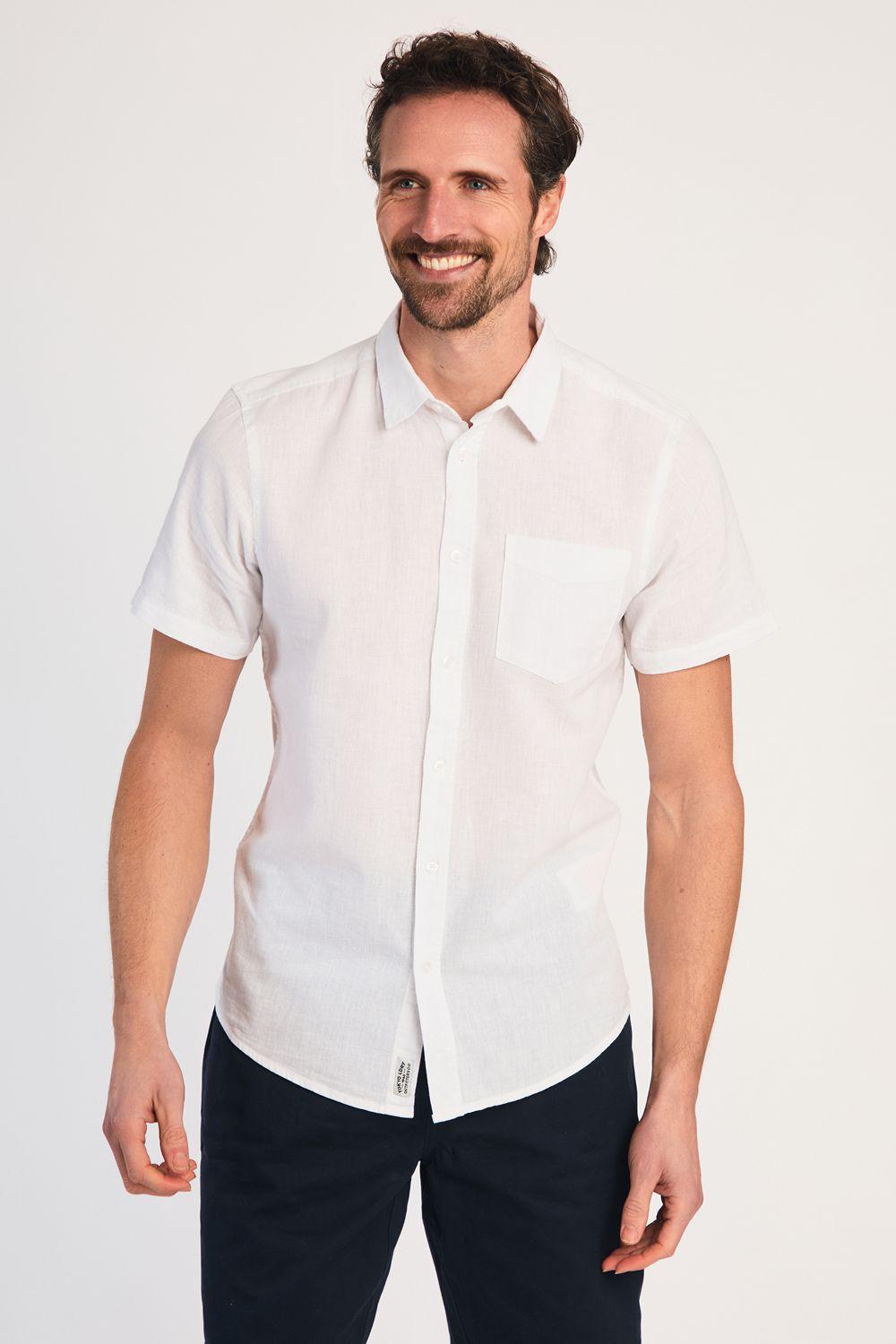 Linen Blend Short Sleeve Button-Up Shirt with Chest Pocket by TOKYO LAUNDRY