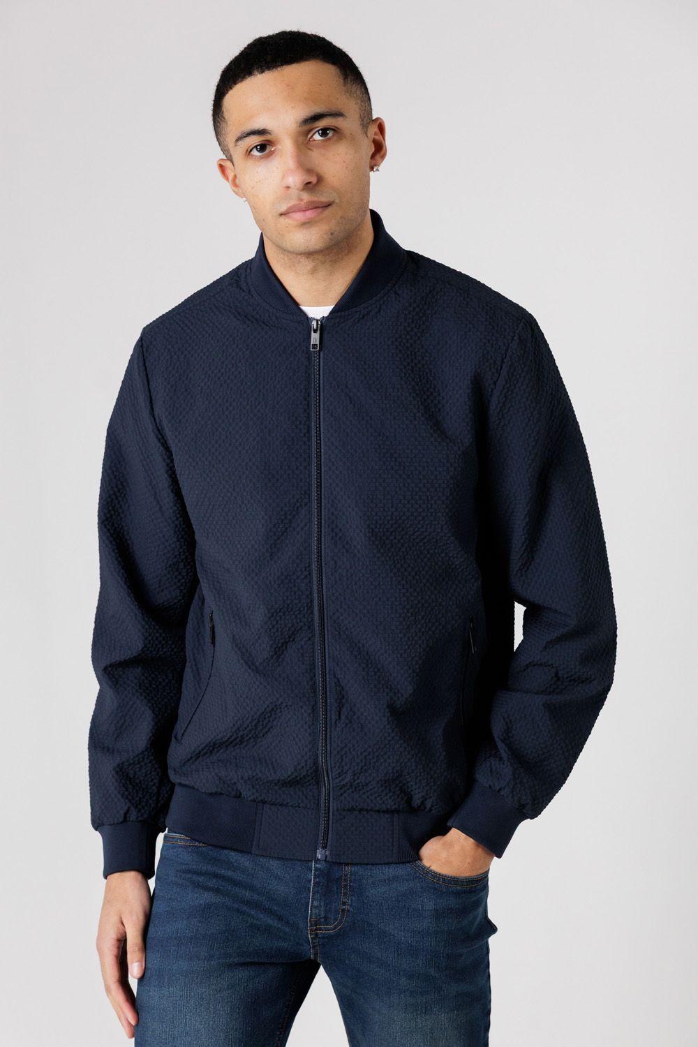 Seersucker Bomber Jacket with Zip-Up and Side Pockets by TOKYO LAUNDRY