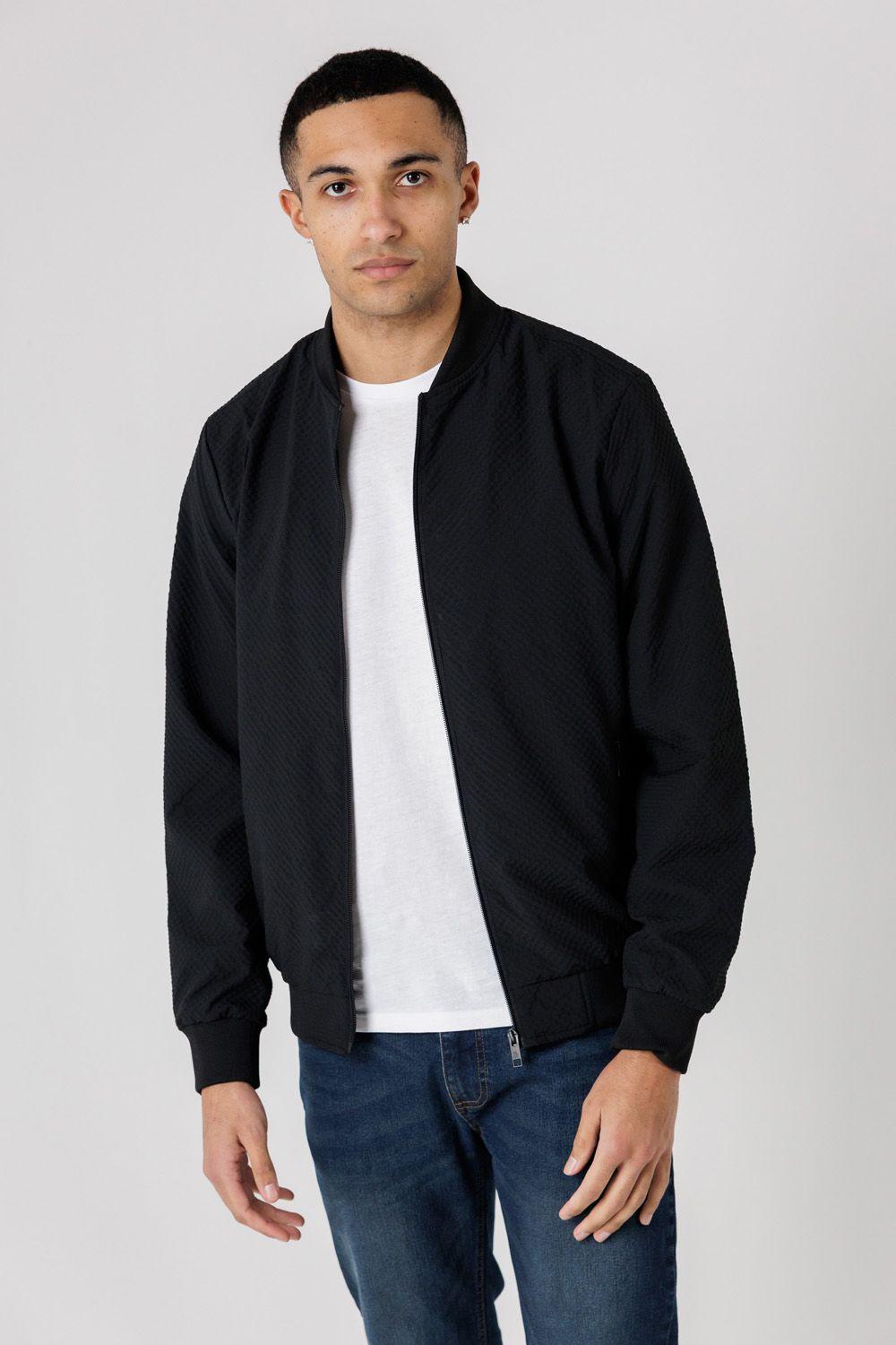 Seersucker Bomber Jacket with Zip-Up and Side Pockets by TOKYO LAUNDRY