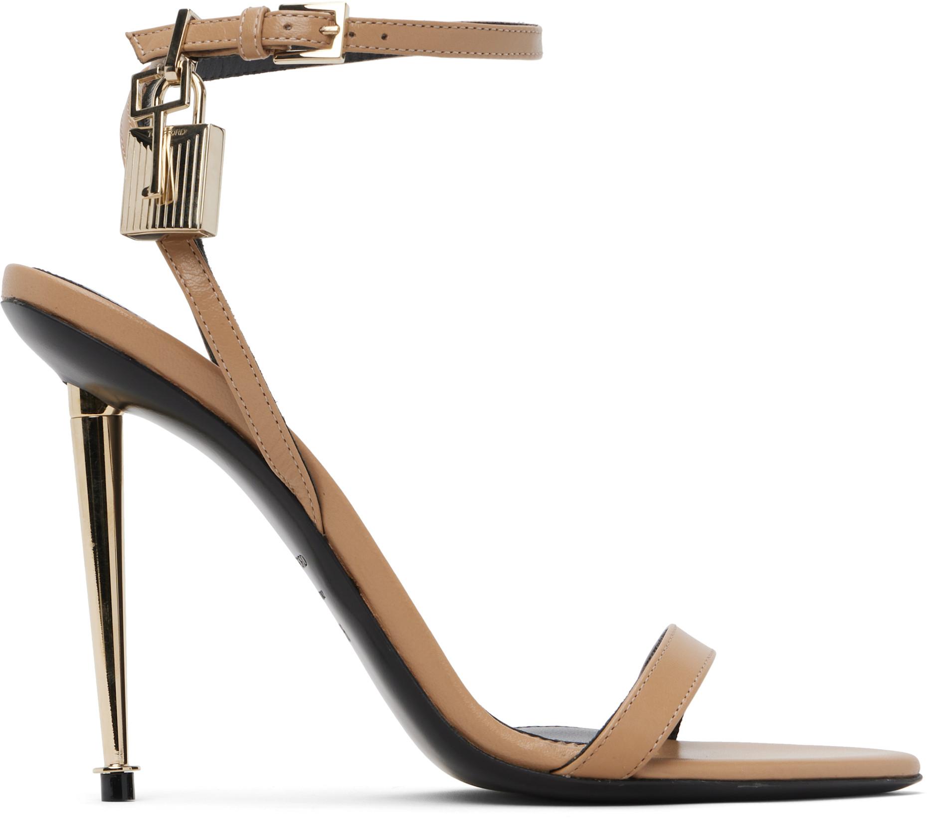 Beige Shiny Padlock Pointy Naked Heeled Sandals by TOM FORD