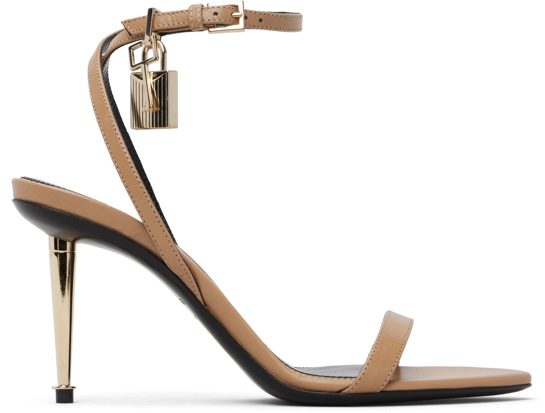 Beige Shiny Padlock Pointy Naked Heeled Sandals by TOM FORD
