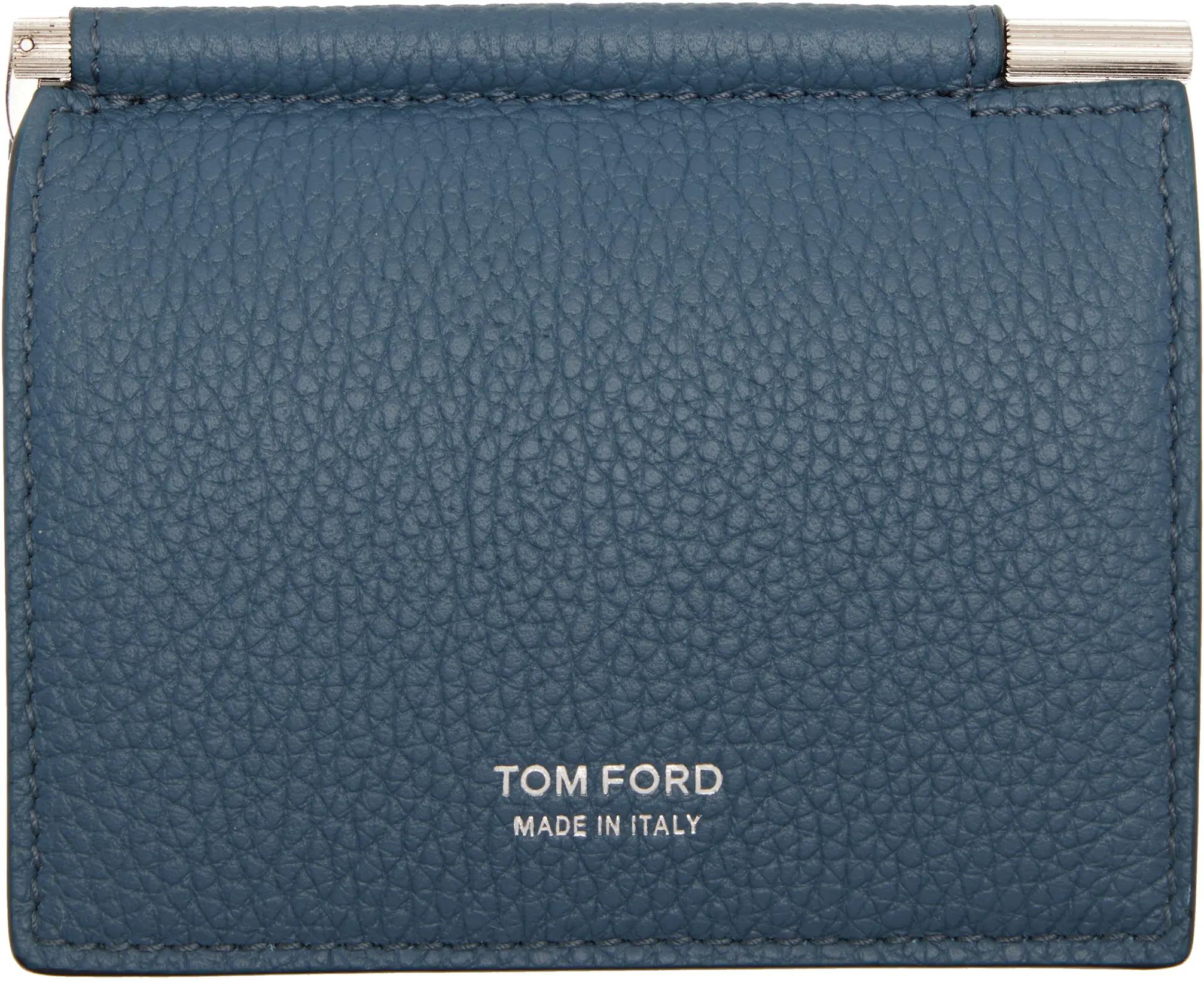 Blue Soft Grain Leather Bifold Money Clip Card Holder by TOM FORD