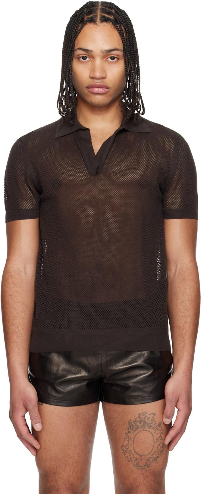 Brown Cotton Silk Mesh S/S Buttonless Polo by TOM FORD