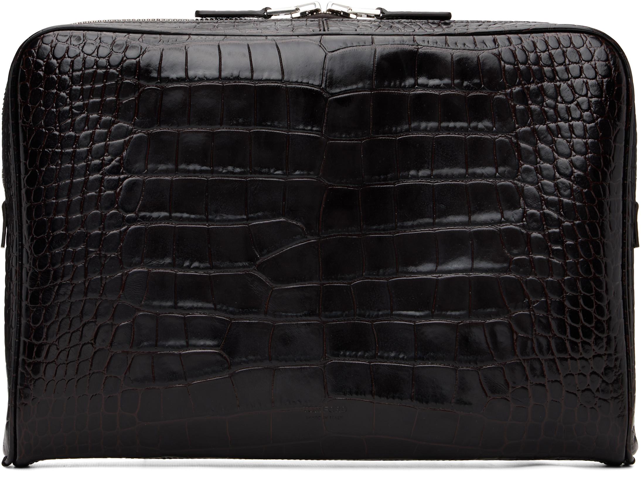 Brown Shiny Printed Croc Minimal Laptop Pouch by TOM FORD