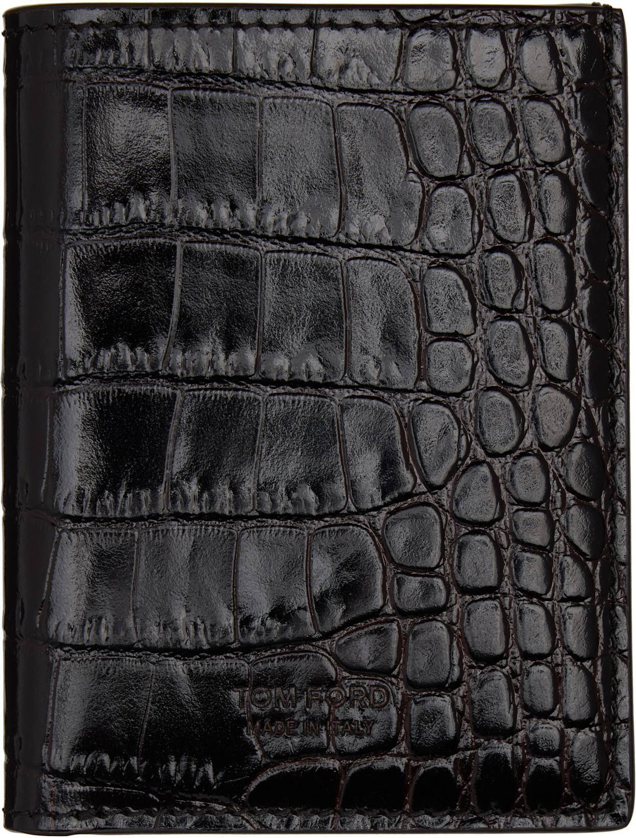 Brown Shiny Printed Croc T Line Card Holder by TOM FORD