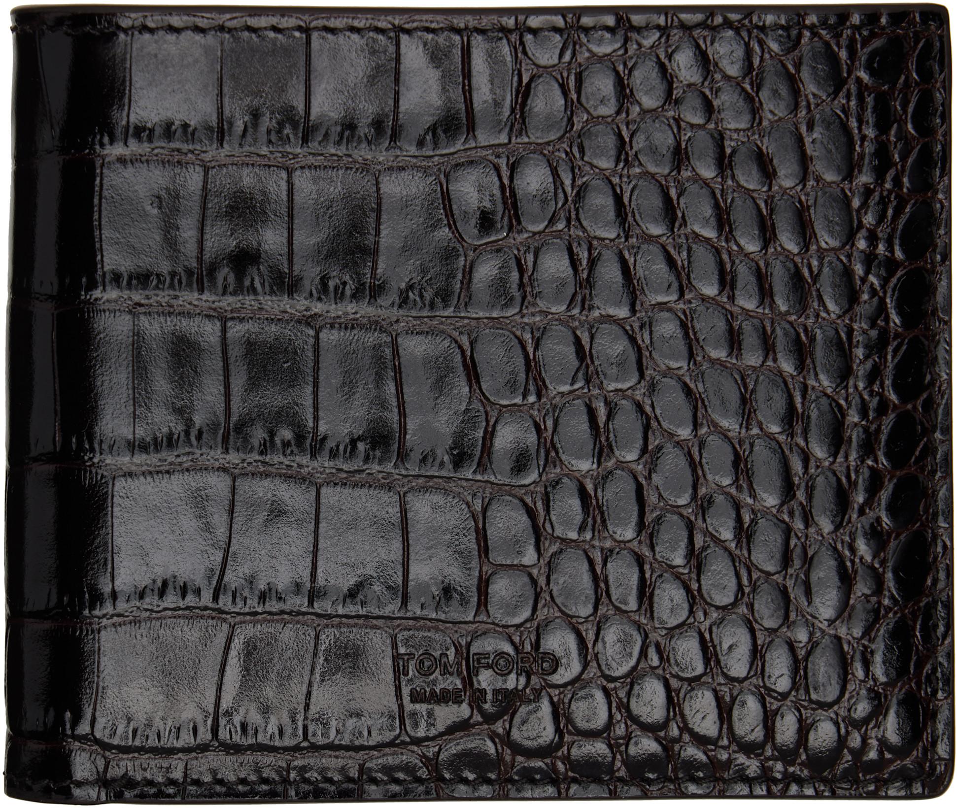 Brown Shiny Printed Croc T Line Classic Bifold Wallet by TOM FORD