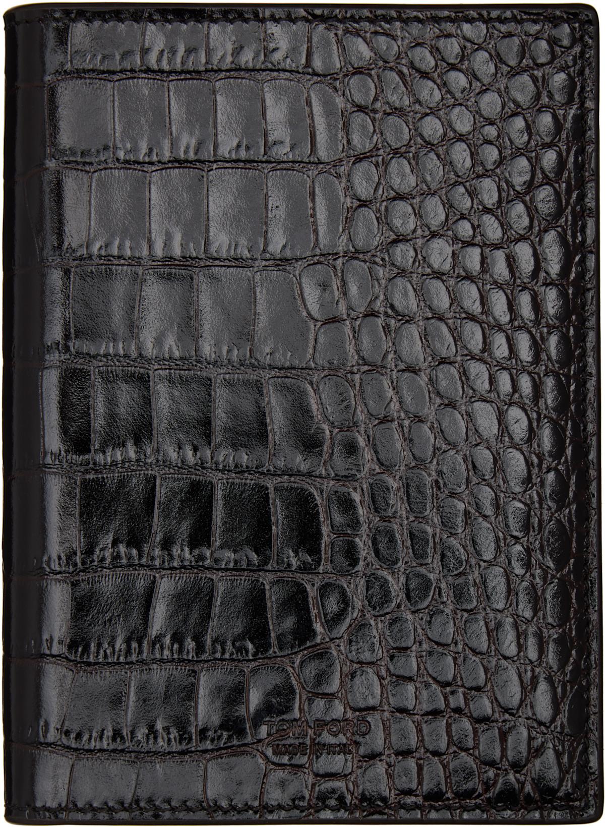 Brown Shiny Printed Croc T Line Passport Holder by TOM FORD