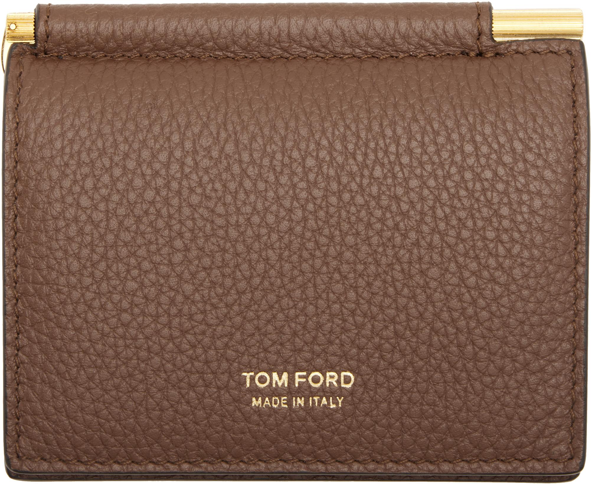 Brown Soft Grain Leather Bifold Money Clip Card Holder by TOM FORD