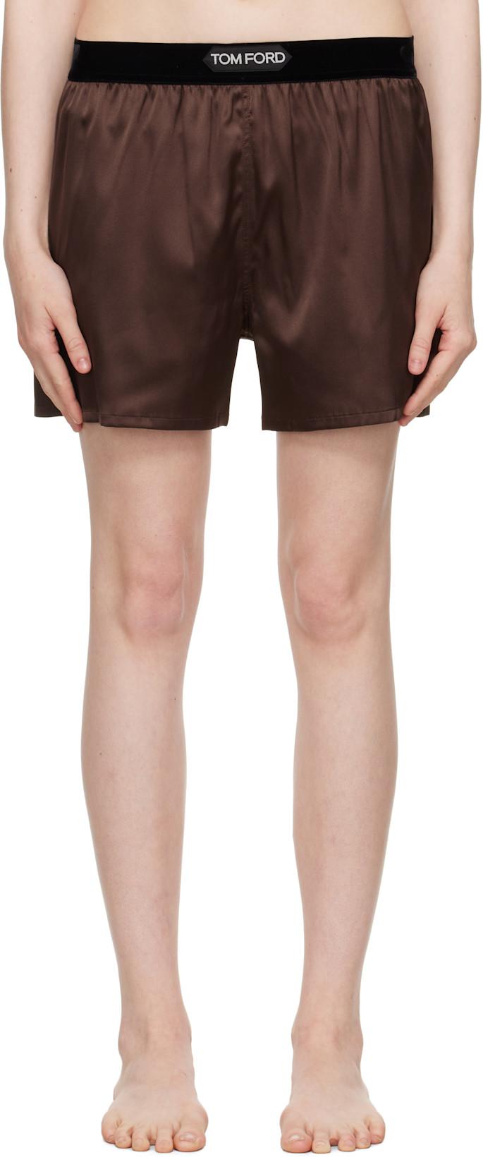 Brown Stretch Silk Satin Boxer Shorts by TOM FORD