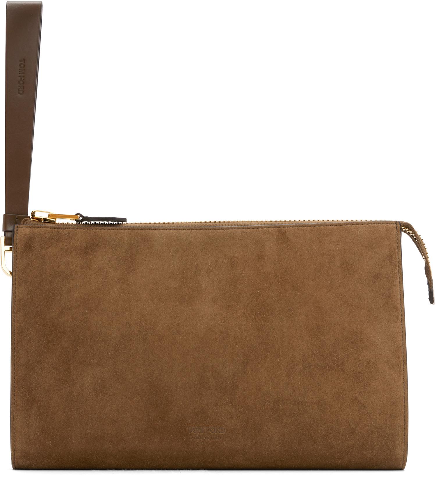 Brown Suede Calf Leather Mini Flat Pouch by TOM FORD