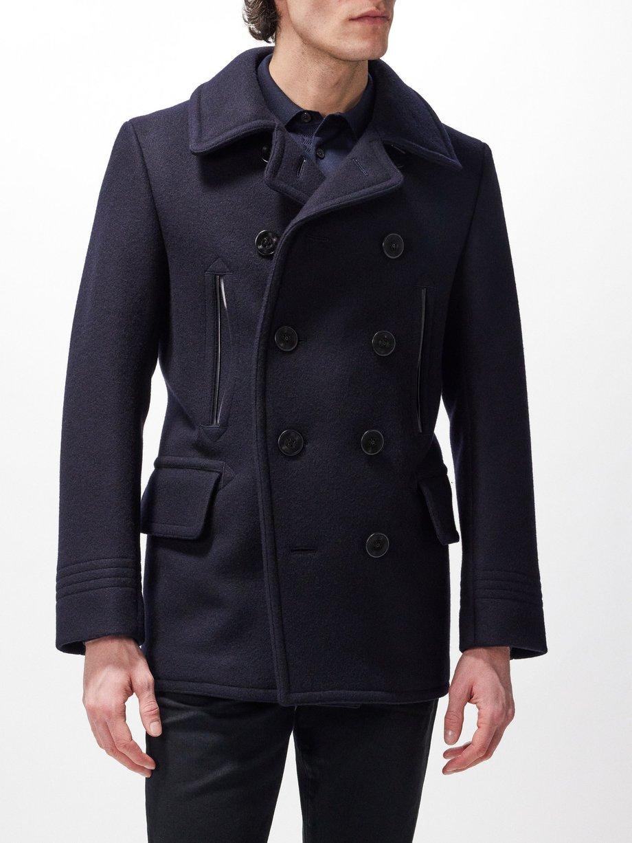 Double-breasted leather-trim wool-blend peacoat by TOM FORD