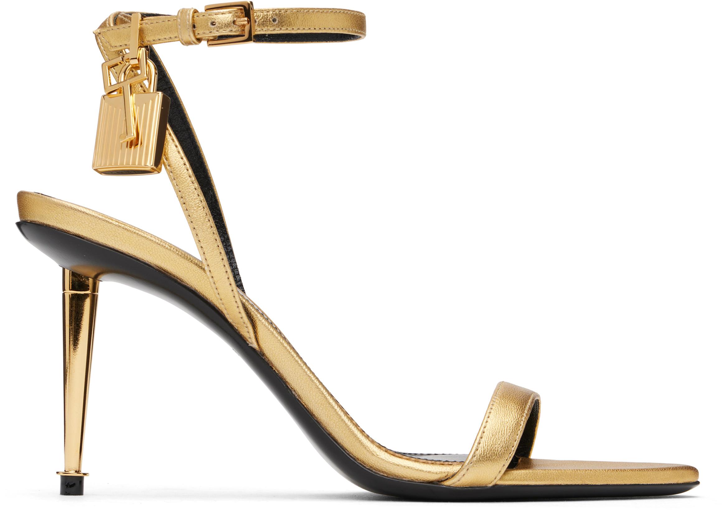 Gold Padlock Pointy Naked Heeled Sandals by TOM FORD