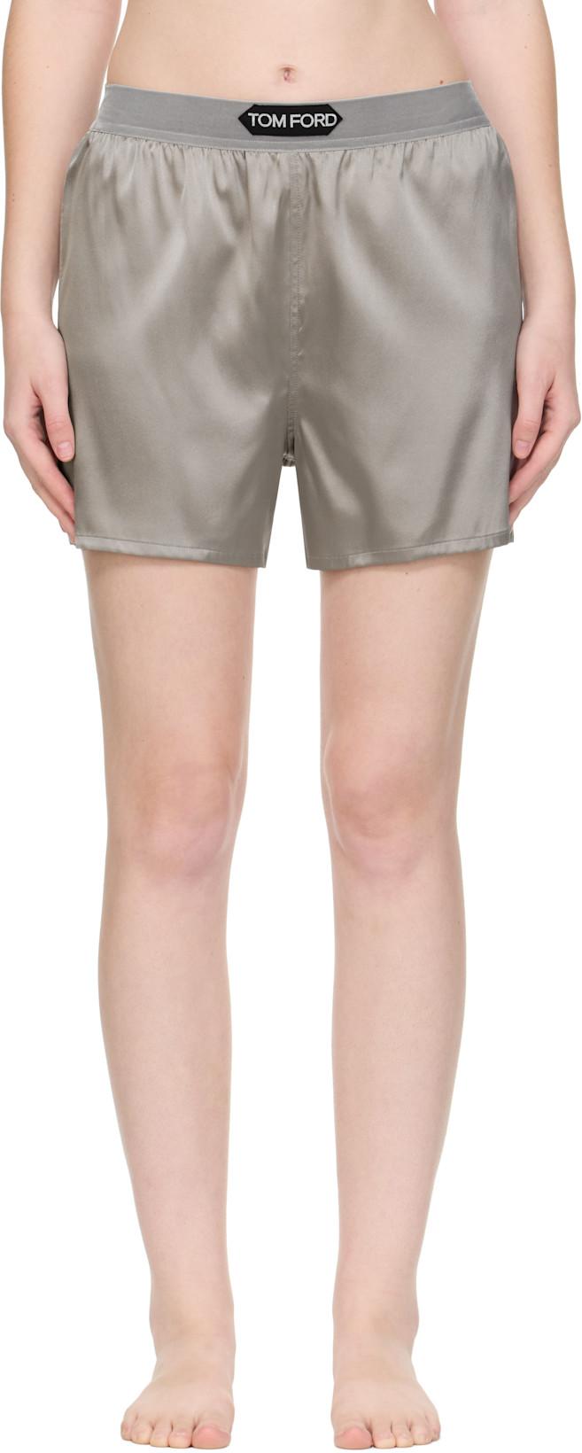 Gray Stretch Silk Satin Boxer Shorts by TOM FORD