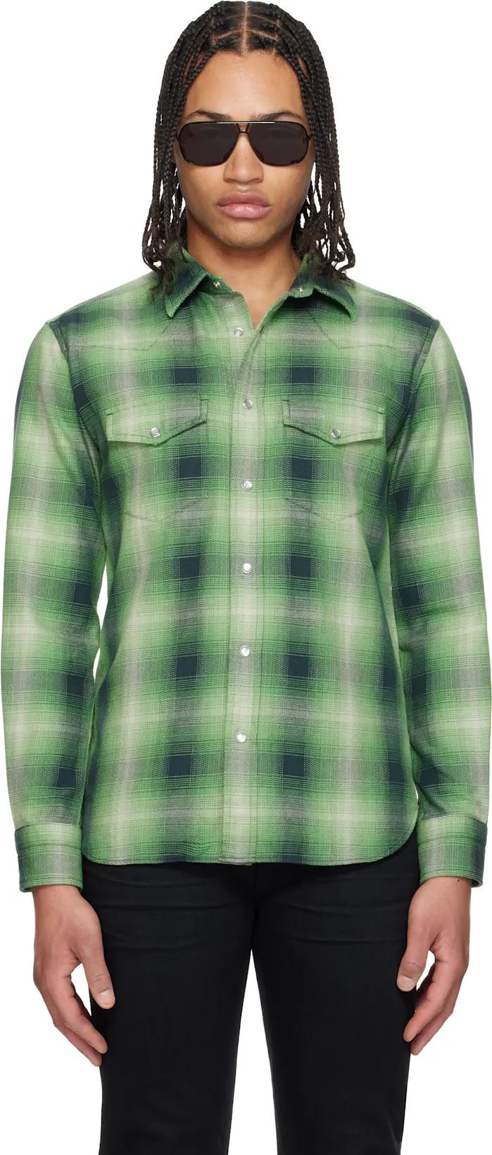 Green Grand Degrade Check Western Shirt by TOM FORD