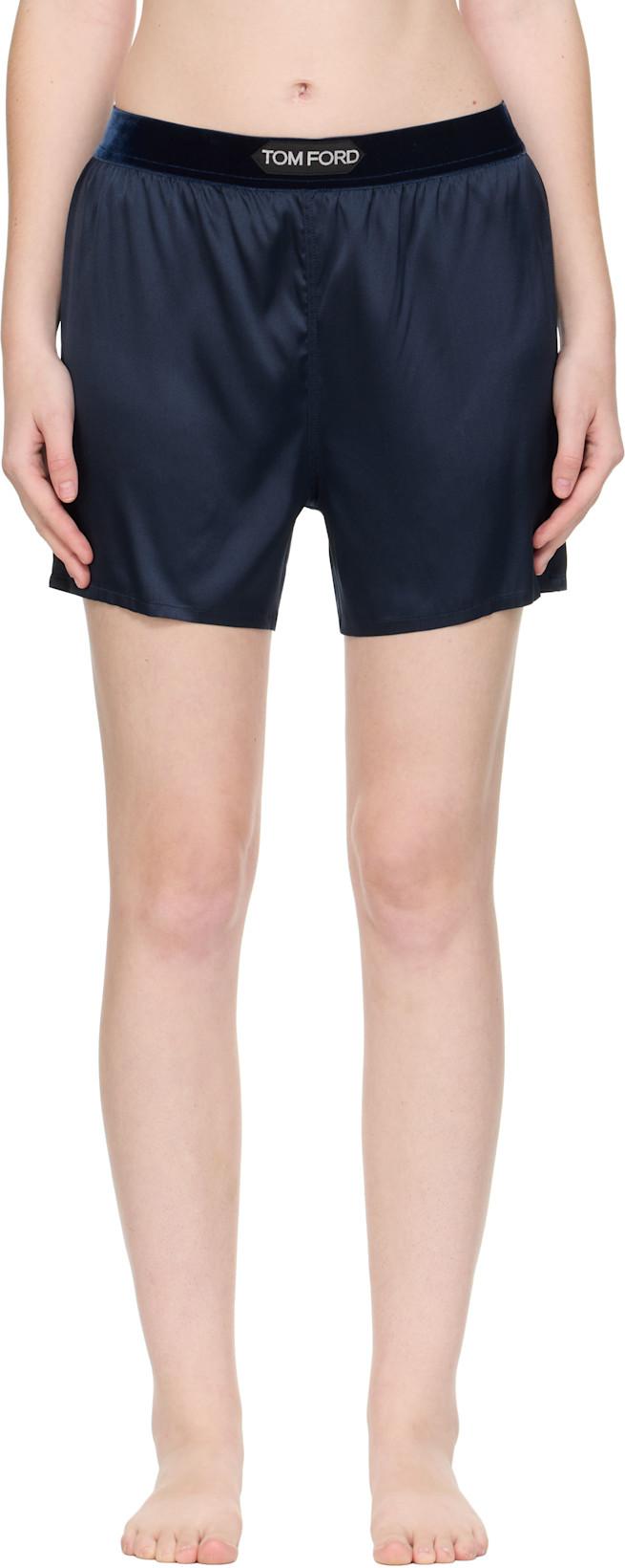 Navy Stretch Silk Satin Boxer Shorts by TOM FORD