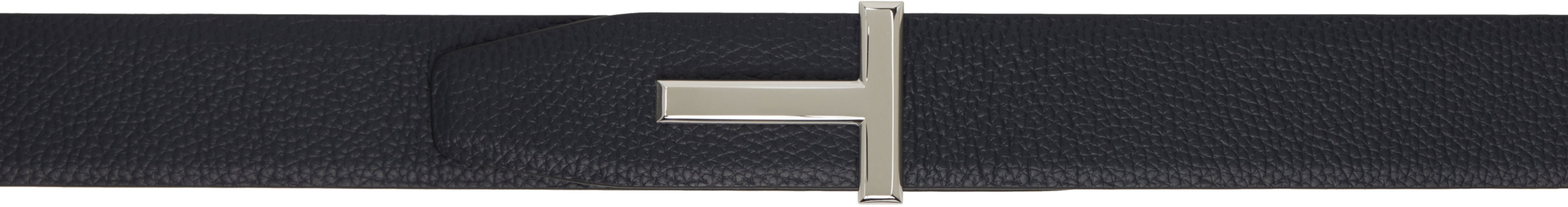 Navy & Black Grain Leather T Icon Reversible Belt by TOM FORD