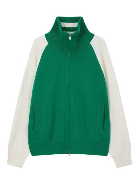 logo-jacquard zip-up cardigan by TOMBOY