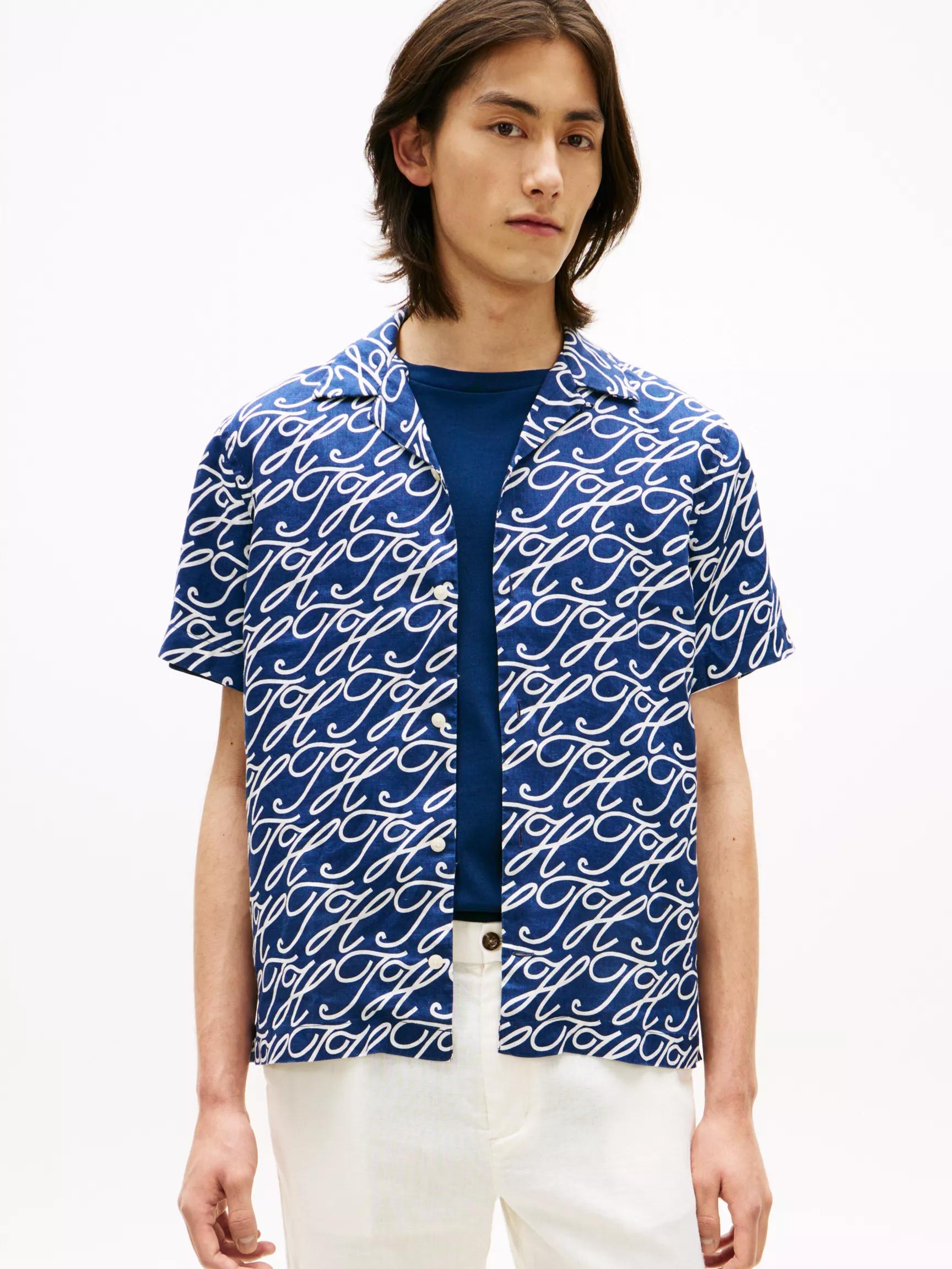 Allover Script Monogram Linen Camp Shirt by TOMMY HILFIGER Allover Script Monogram Linen Camp Shirt by TOMMY HILFIGER