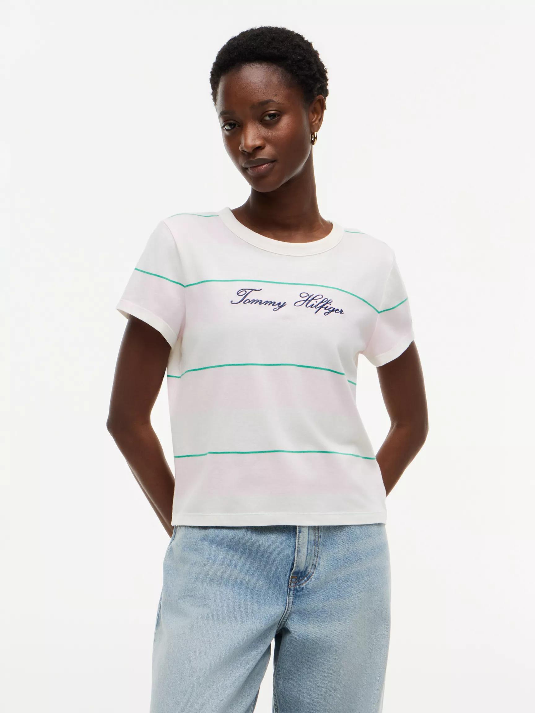 Embroidered Script Logo Striped T-Shirt by TOMMY HILFIGER