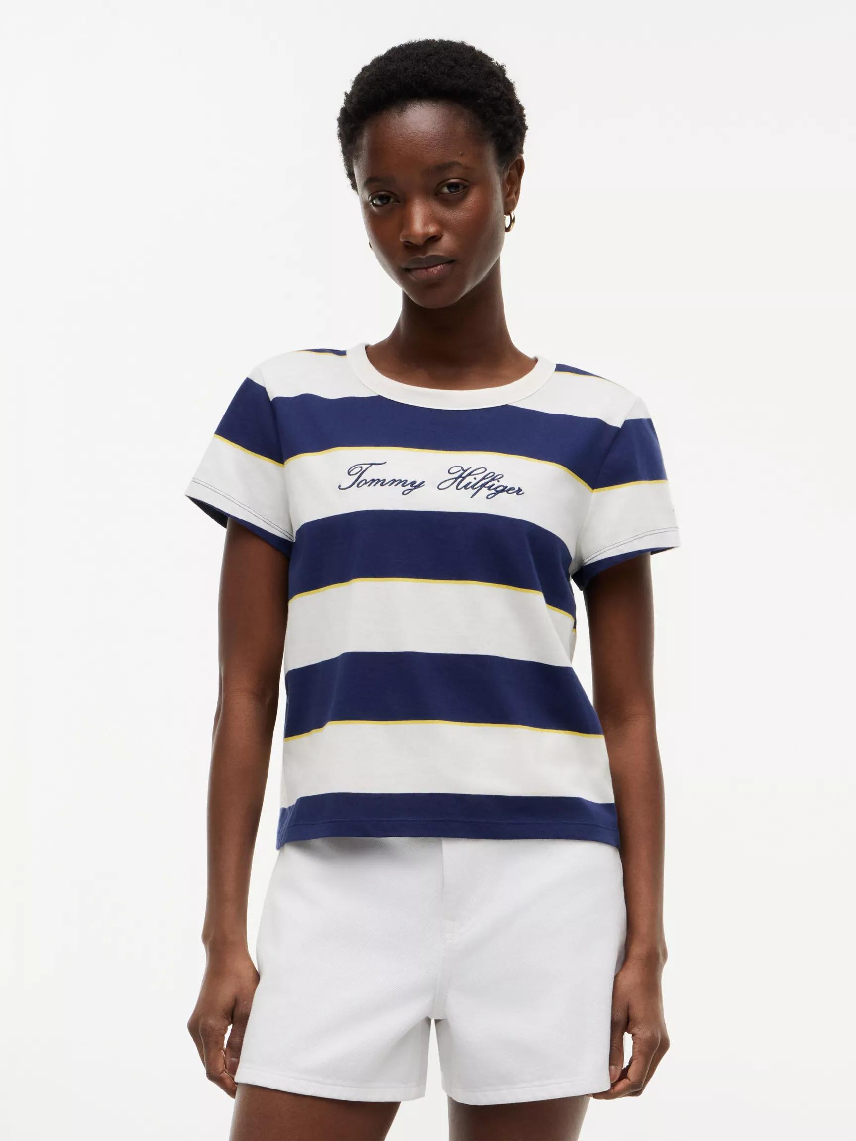 Embroidered Script Logo Striped T-Shirt by TOMMY HILFIGER