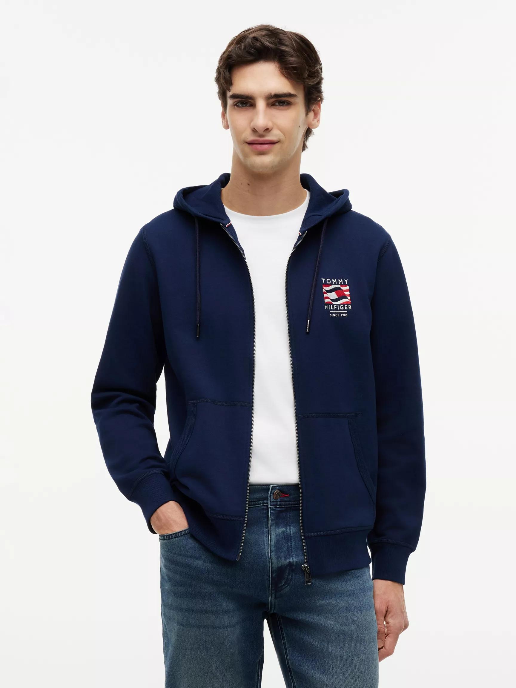 Embroidered Wavy Flag Logo Zip Hoodie by TOMMY HILFIGER