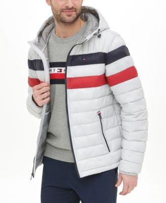 Tommy Hilfiger Men's Quilted Puffer Hooded Puffer Jacket Red White