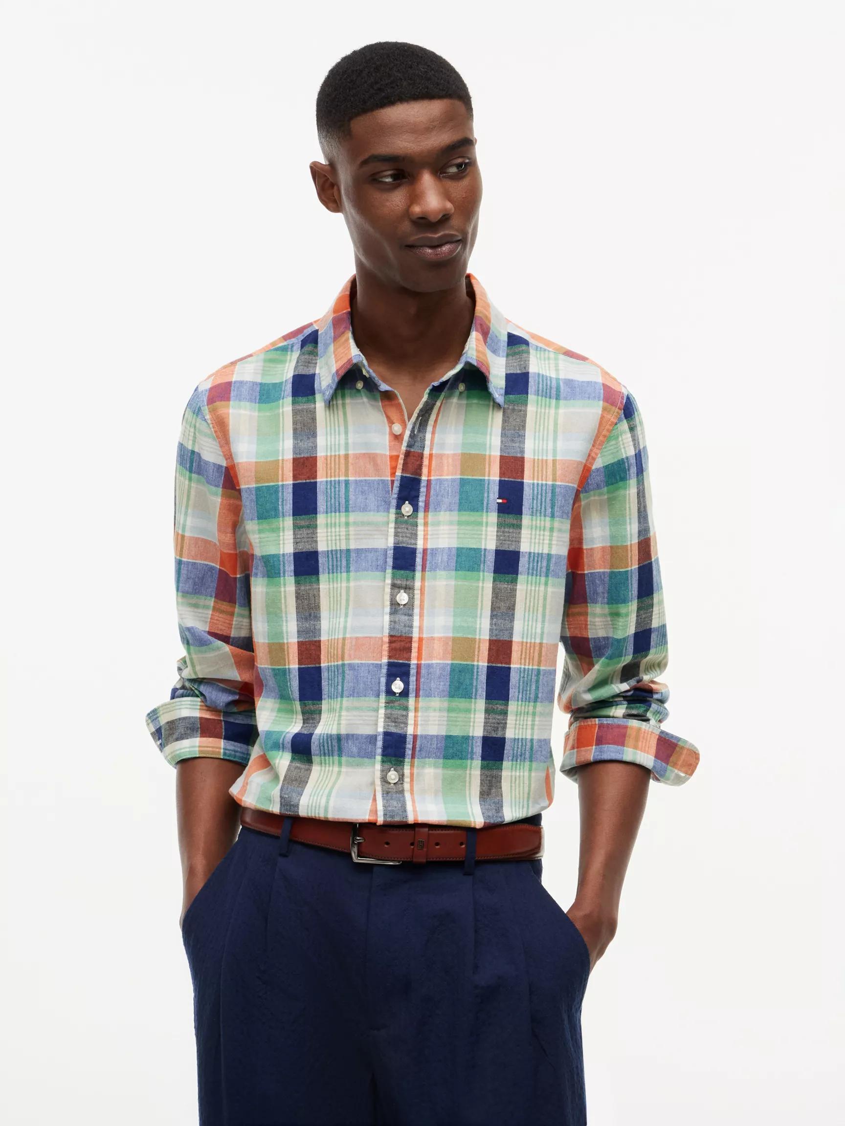 Regular Fit Madras Linen-Blend Shirt by TOMMY HILFIGER