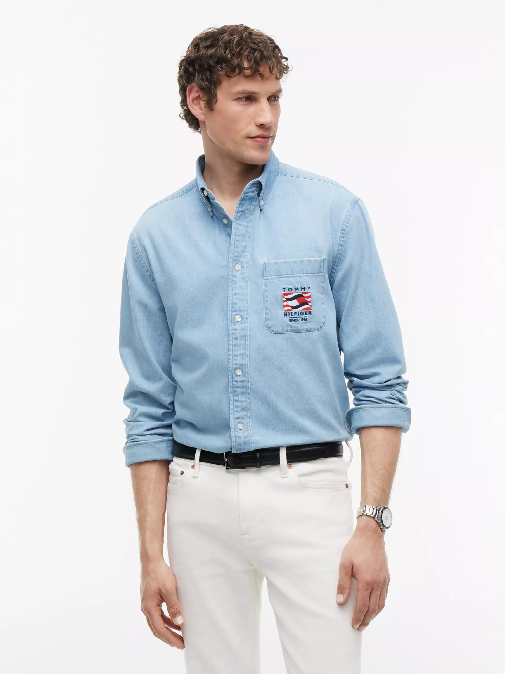 Relaxed Fit Wavy Flag Logo Denim Shirt by TOMMY HILFIGER