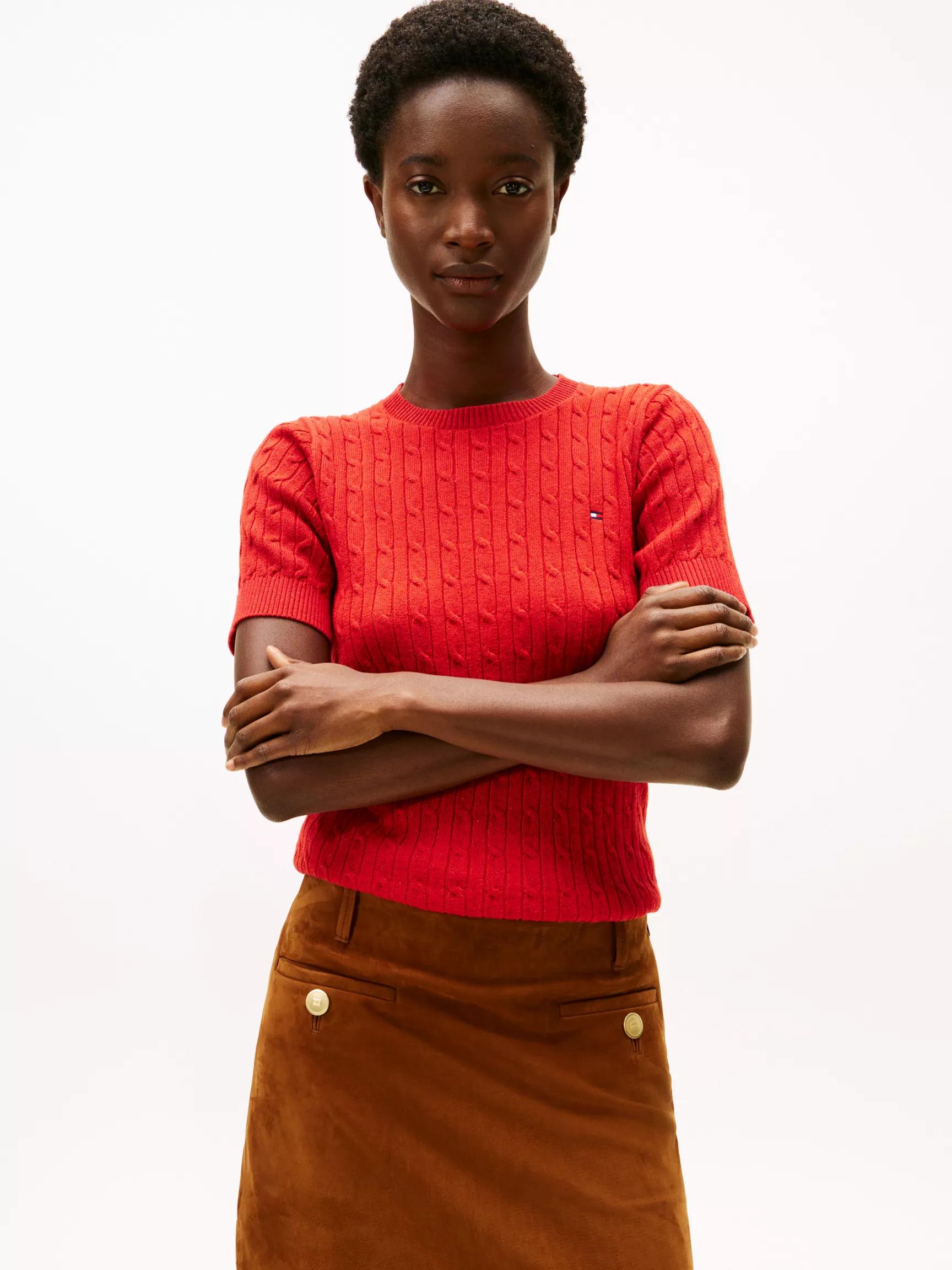 Short-Sleeve Cable Knit Shimmer Sweater by TOMMY HILFIGER