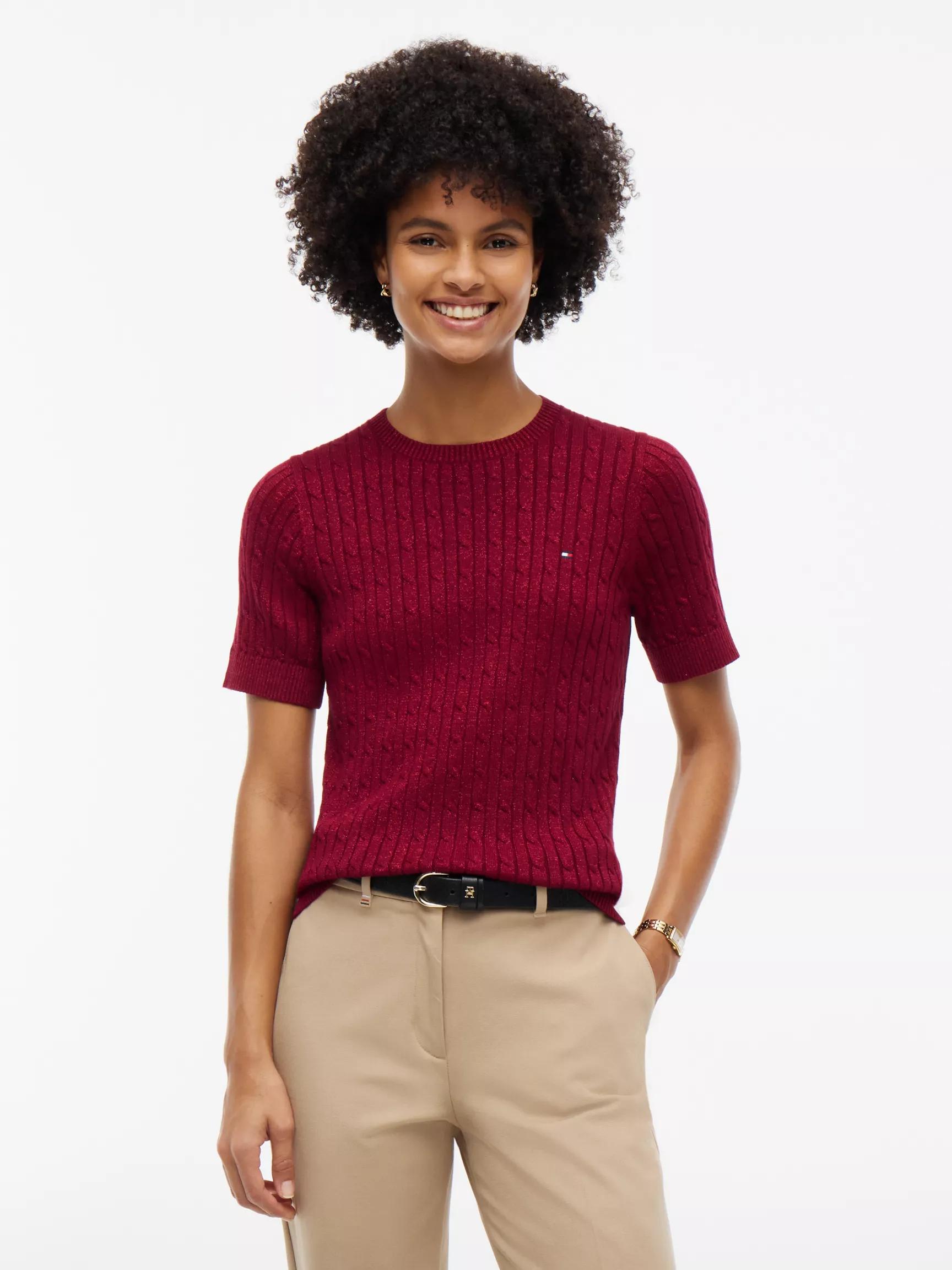 Short-Sleeve Cable Knit Shimmer Sweater by TOMMY HILFIGER