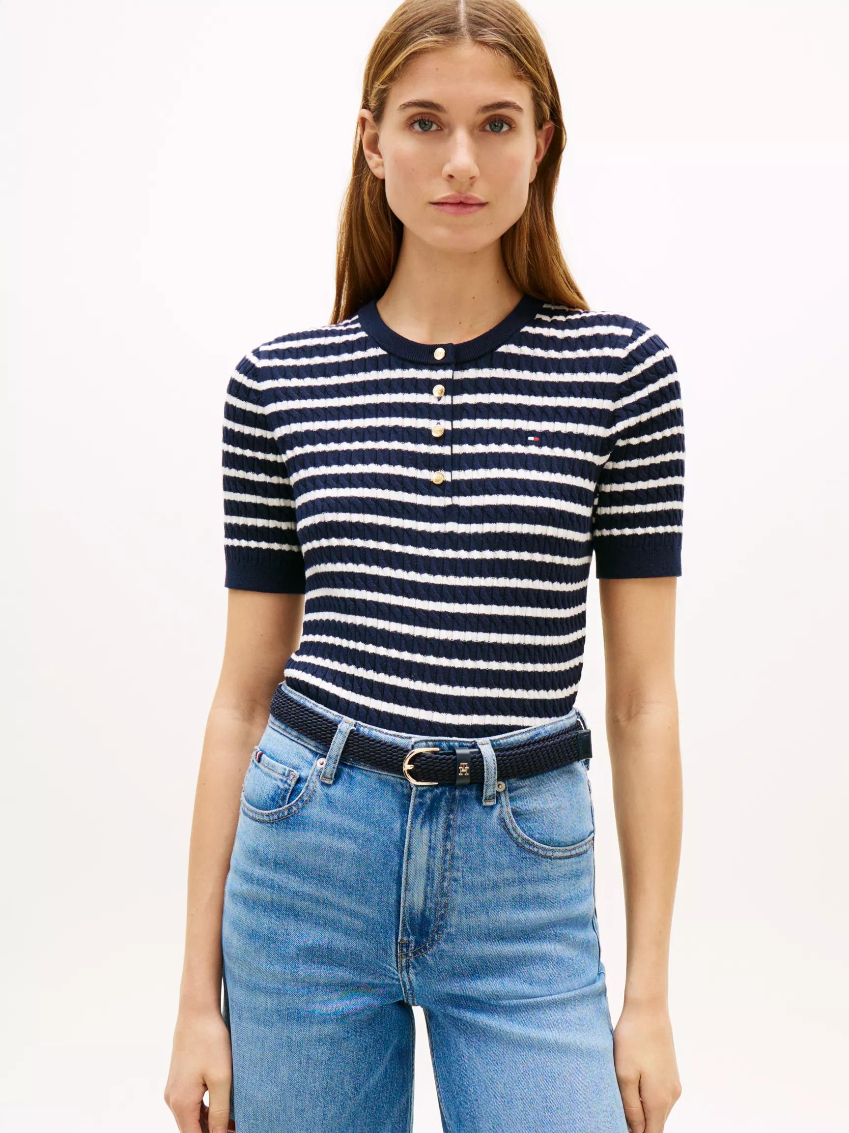 Short-Sleeve Stripe Cable Knit Henley by TOMMY HILFIGER