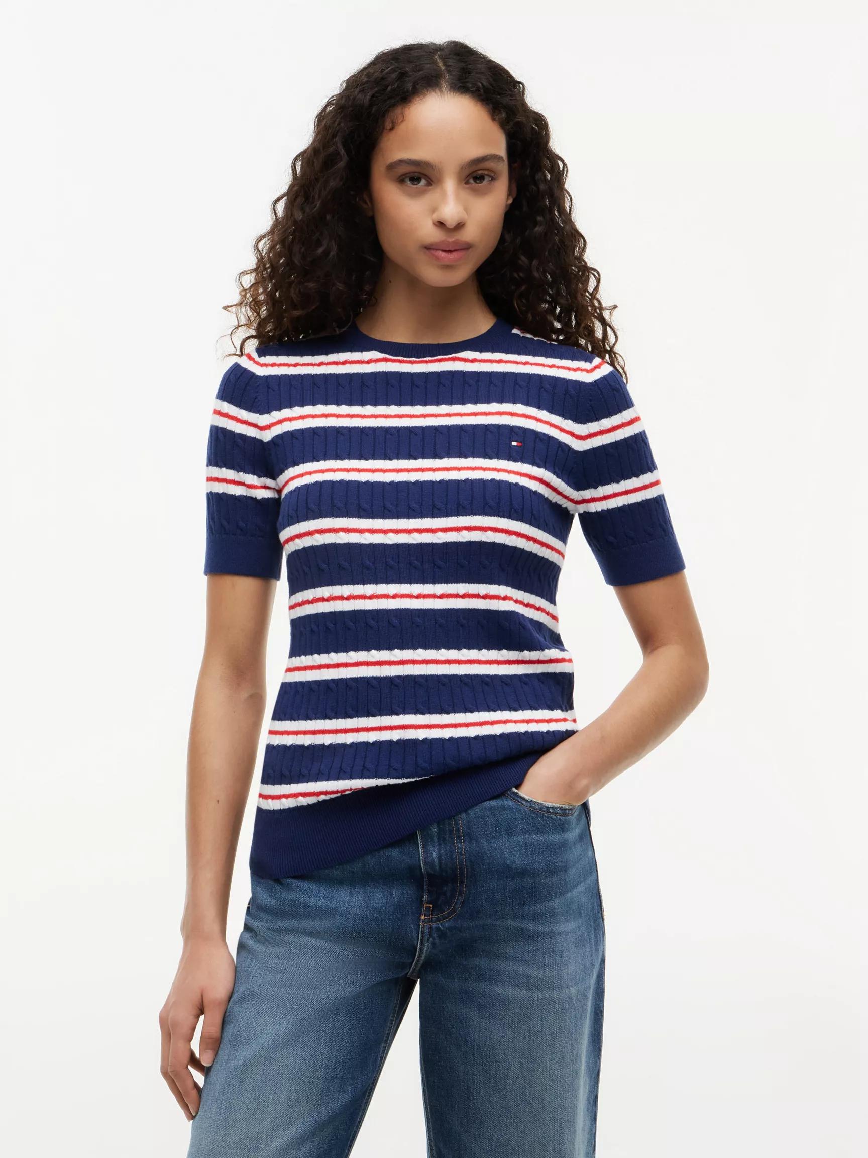 Short-Sleeve Striped Cable Knit Sweater by TOMMY HILFIGER