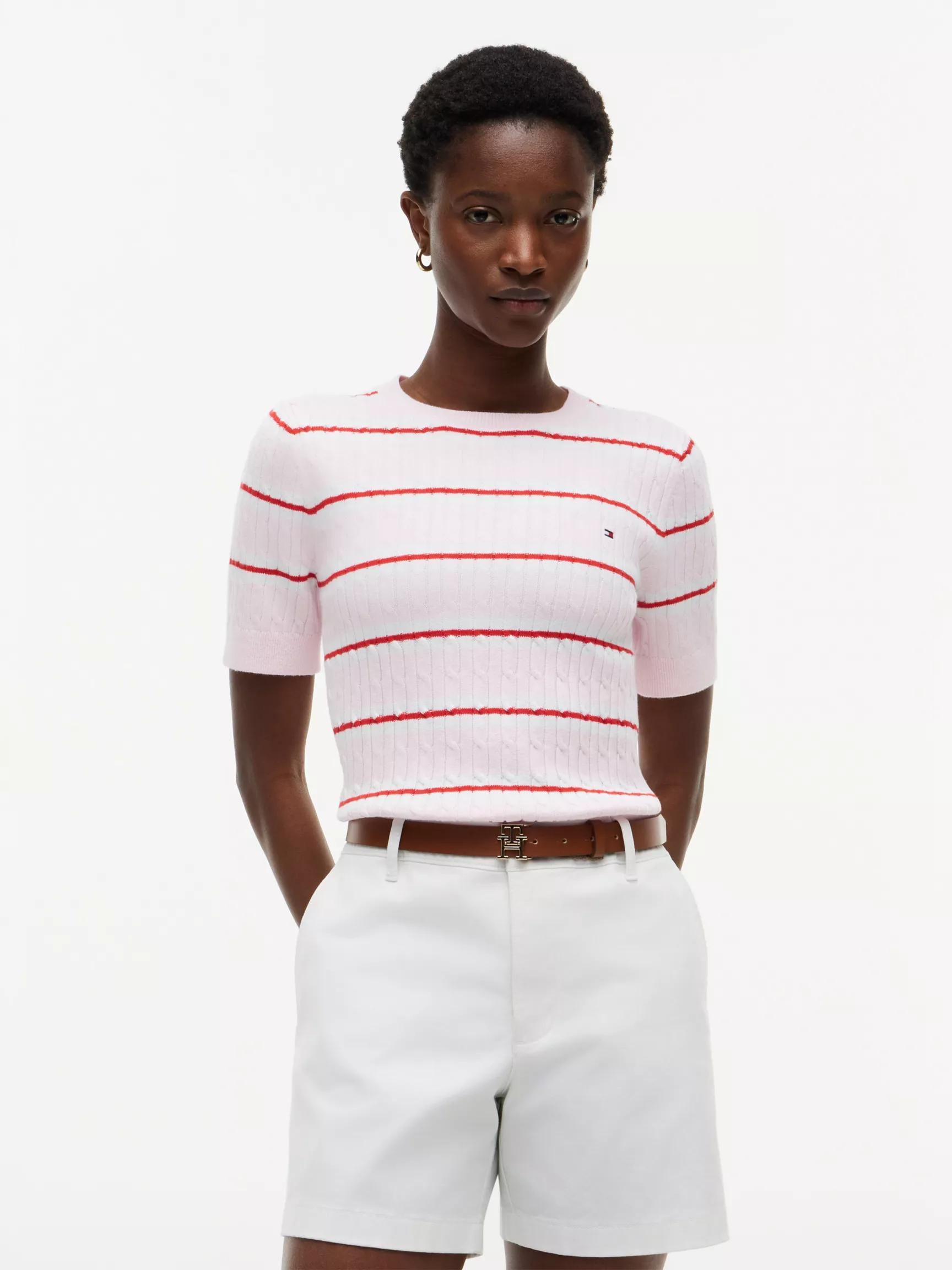 Short-Sleeve Striped Cable Knit Sweater by TOMMY HILFIGER