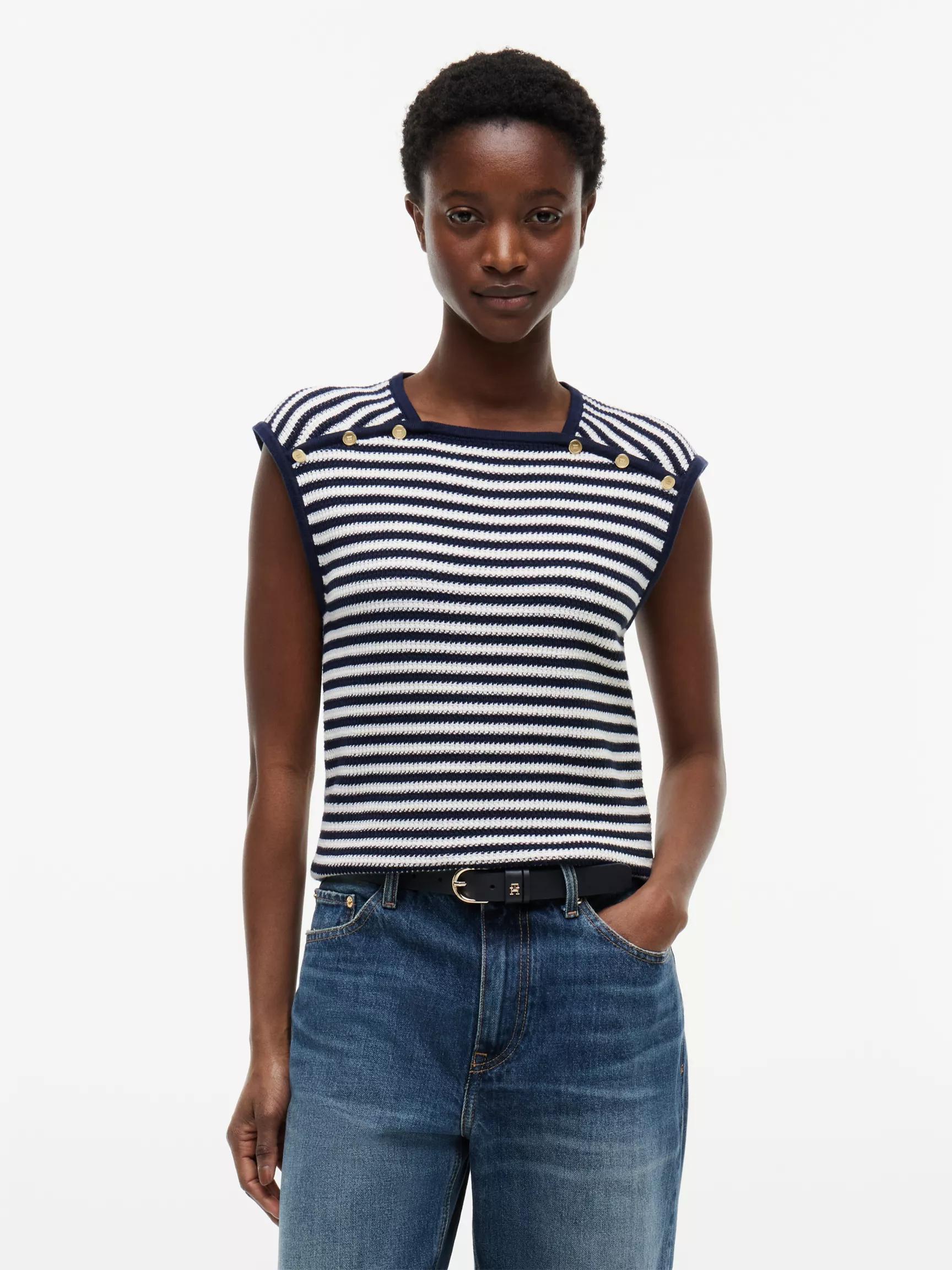 Sleeveless Gold-Button Striped Sweater by TOMMY HILFIGER