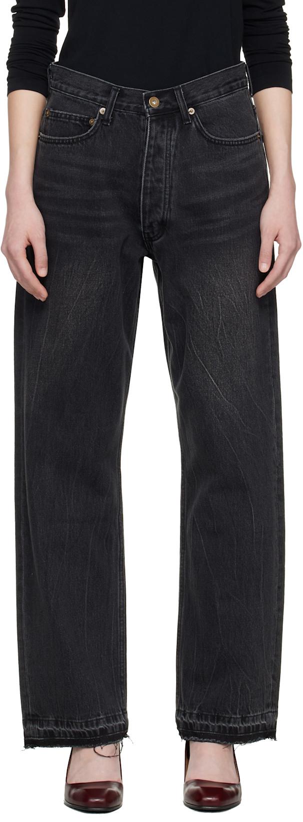Black Frayed Hem Loose Straight Denim Jeans by TONYWACK